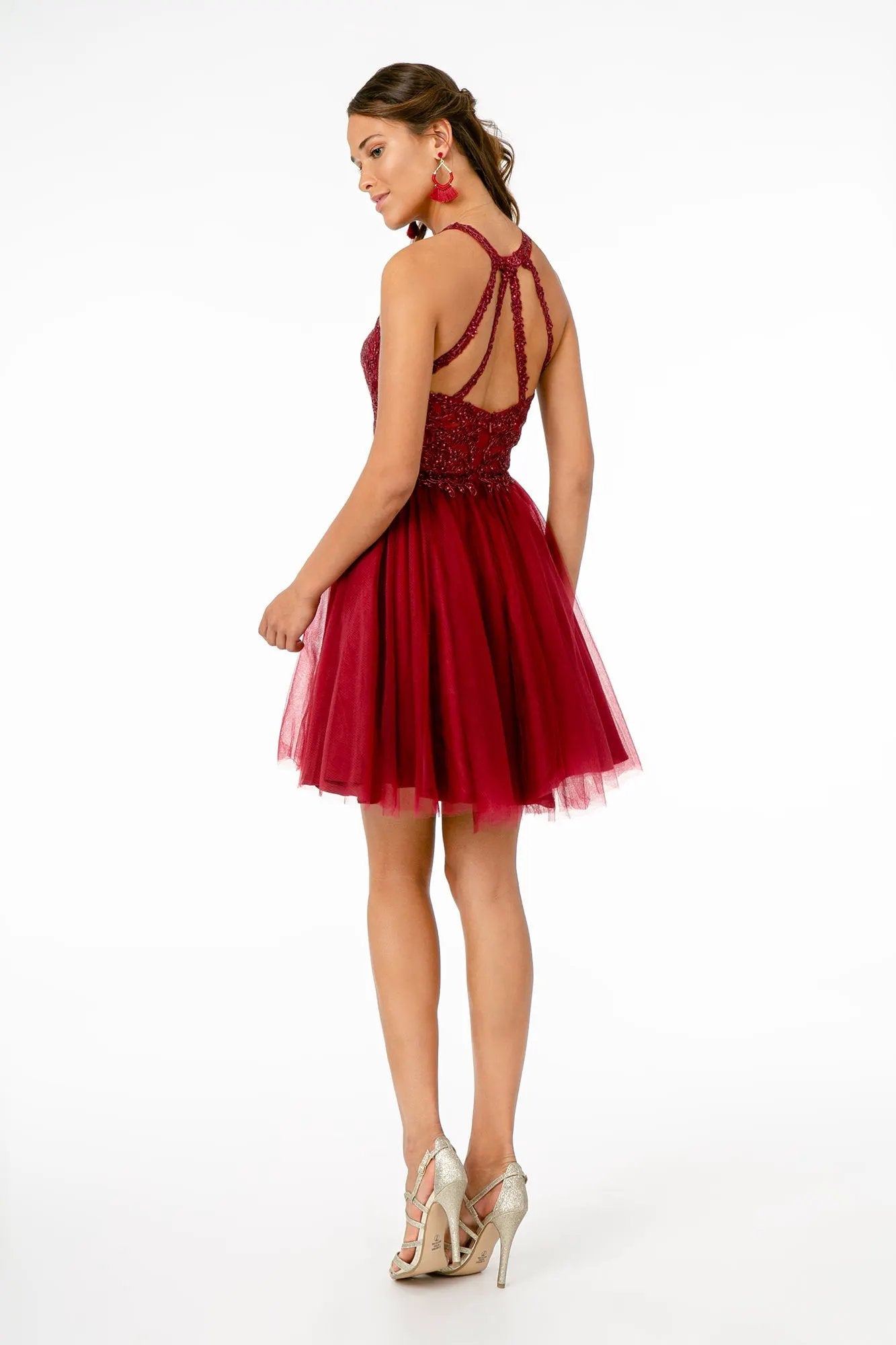 Jewel Embellished Embroidery Tulle Short Dress w/ Strap Back by Tux-USA