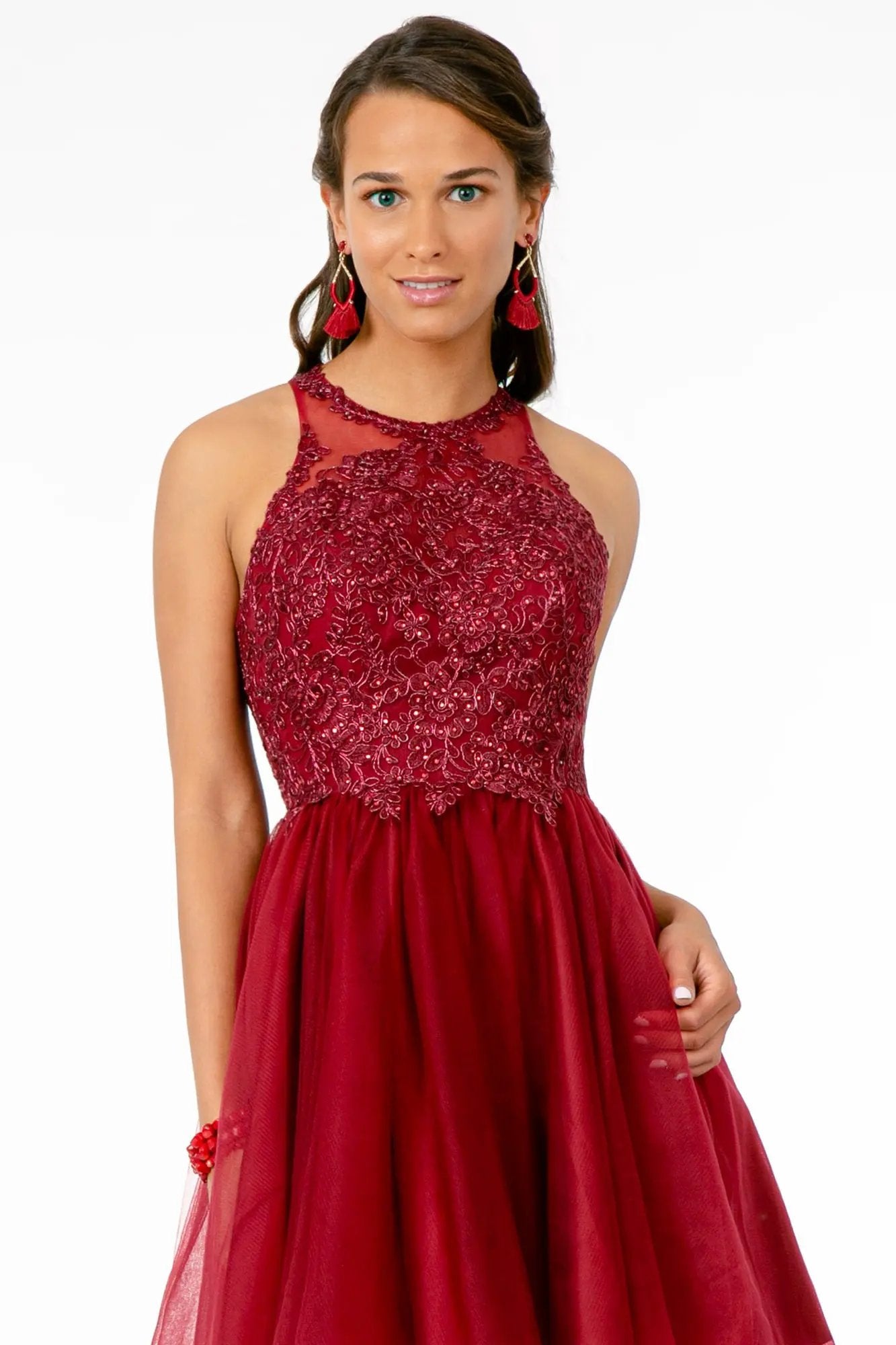Jewel Embellished Embroidery Tulle Short Dress w/ Strap Back by Tux-USA