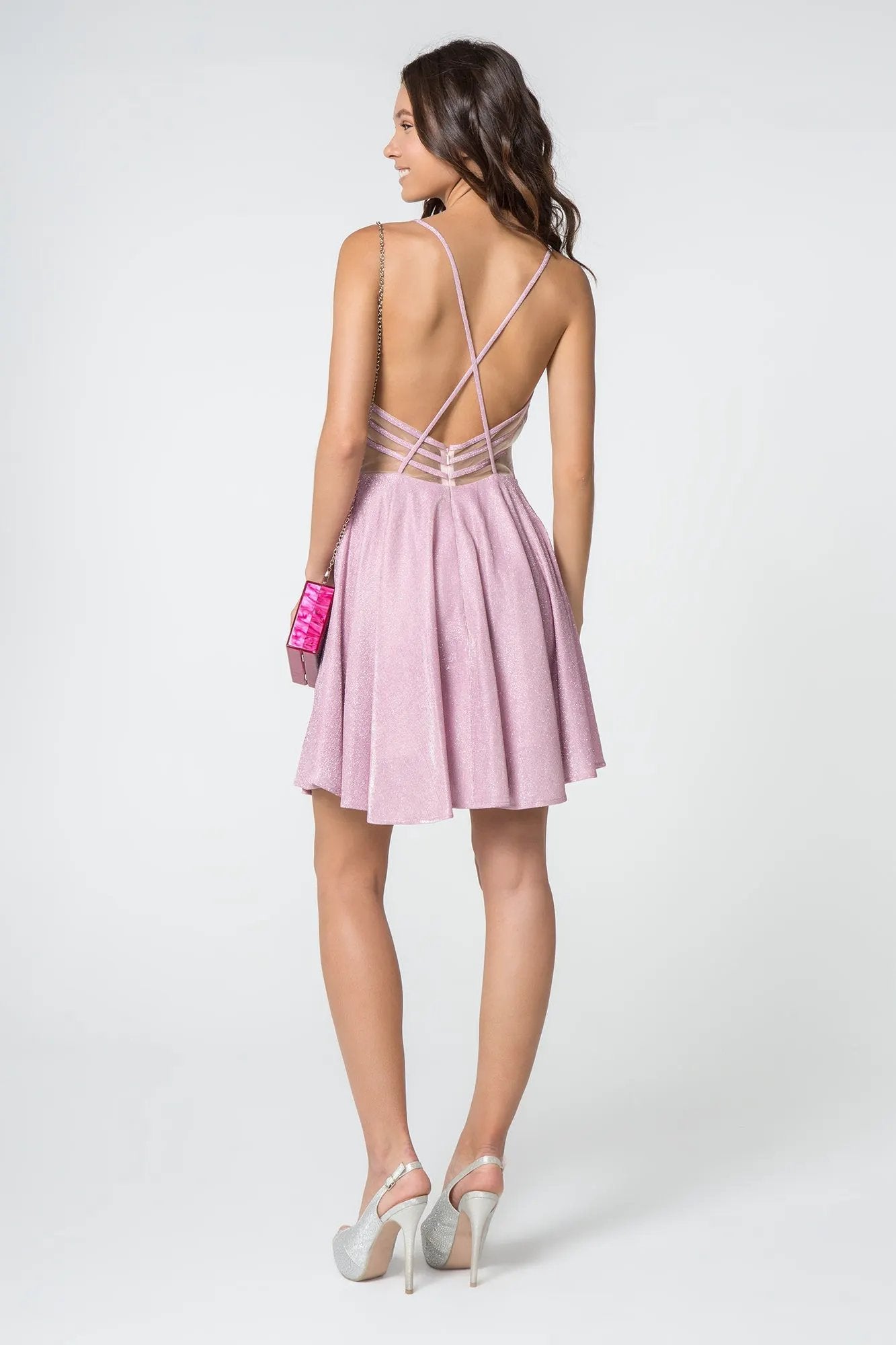 Illusion Deep V-Neck Glitter Crepe Short Dress w/ Strap Back by Tux-USA