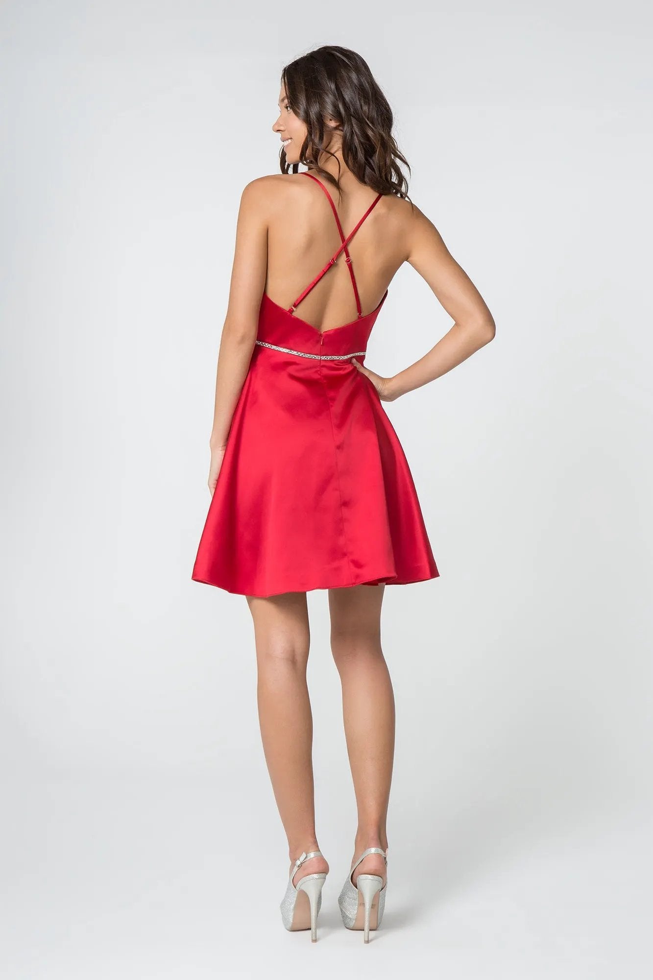 Jewel Accented Waistline Satin Short Dress w/ Strap Back by Tux-USA