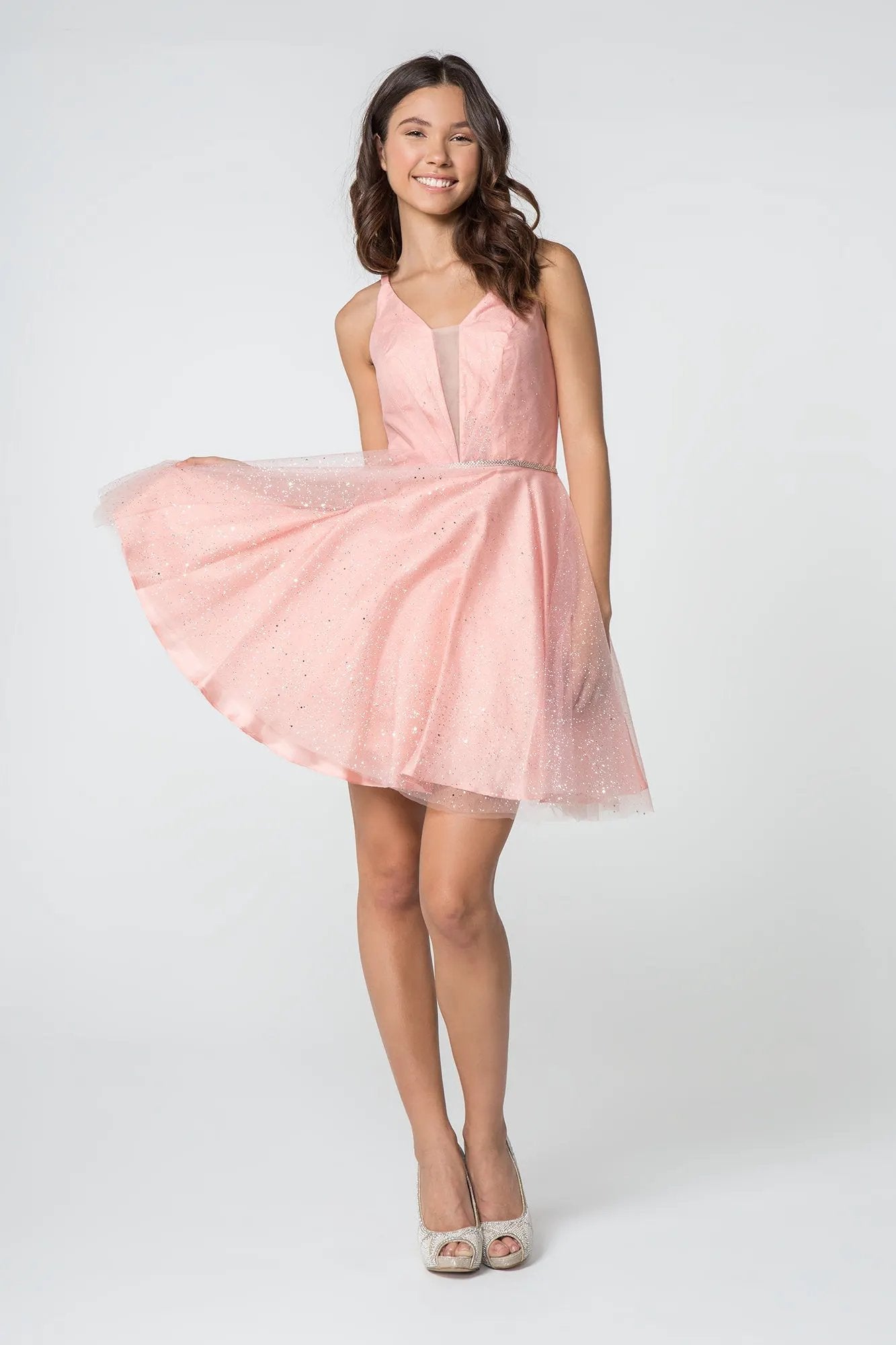 Illusion Deep V-Neck Glitter Mesh Short Dress w/ U-Back by Tux-USA