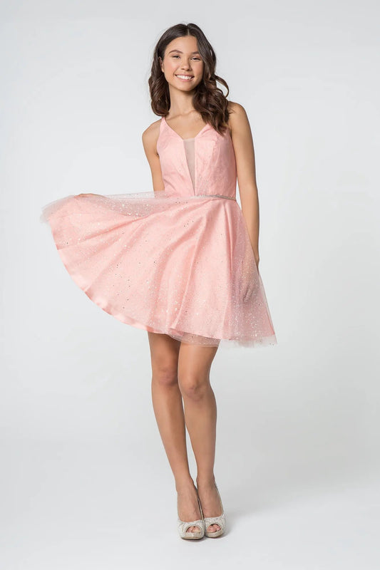 Illusion Deep V-Neck Glitter Mesh Short Dress w/ U-Back by Tux-USA