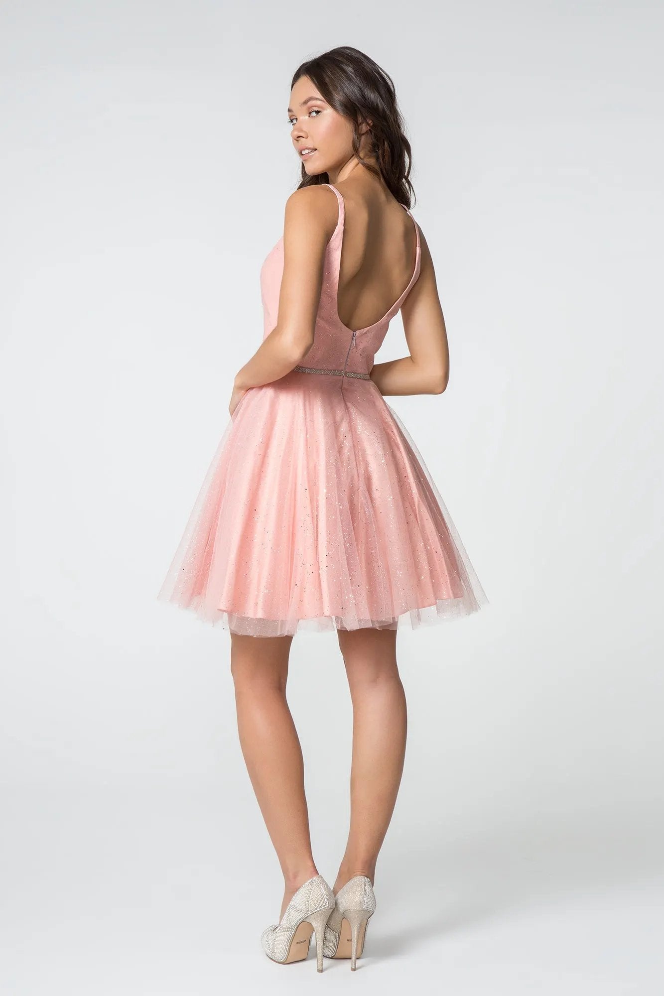 Illusion Deep V-Neck Glitter Mesh Short Dress w/ U-Back by Tux-USA