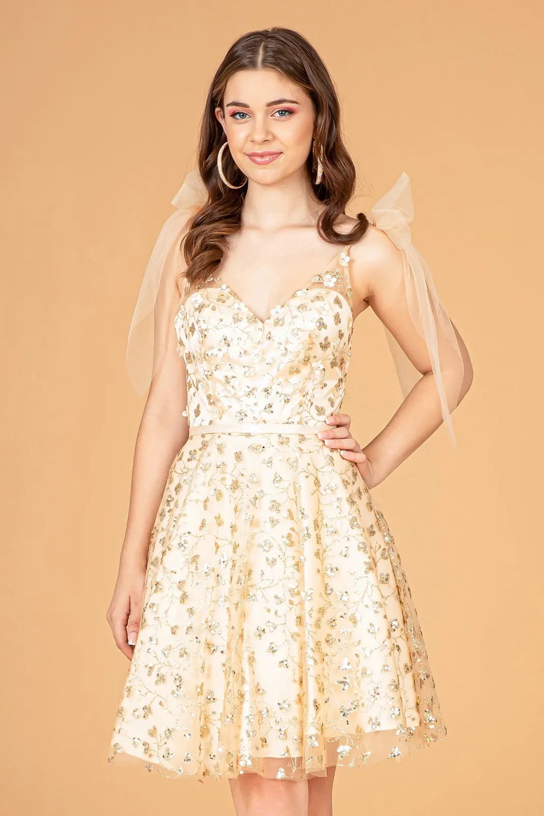 Glitter Mesh Babydoll Short Dress w/ Ribbon Attachment on Shoulder by Tux-USA