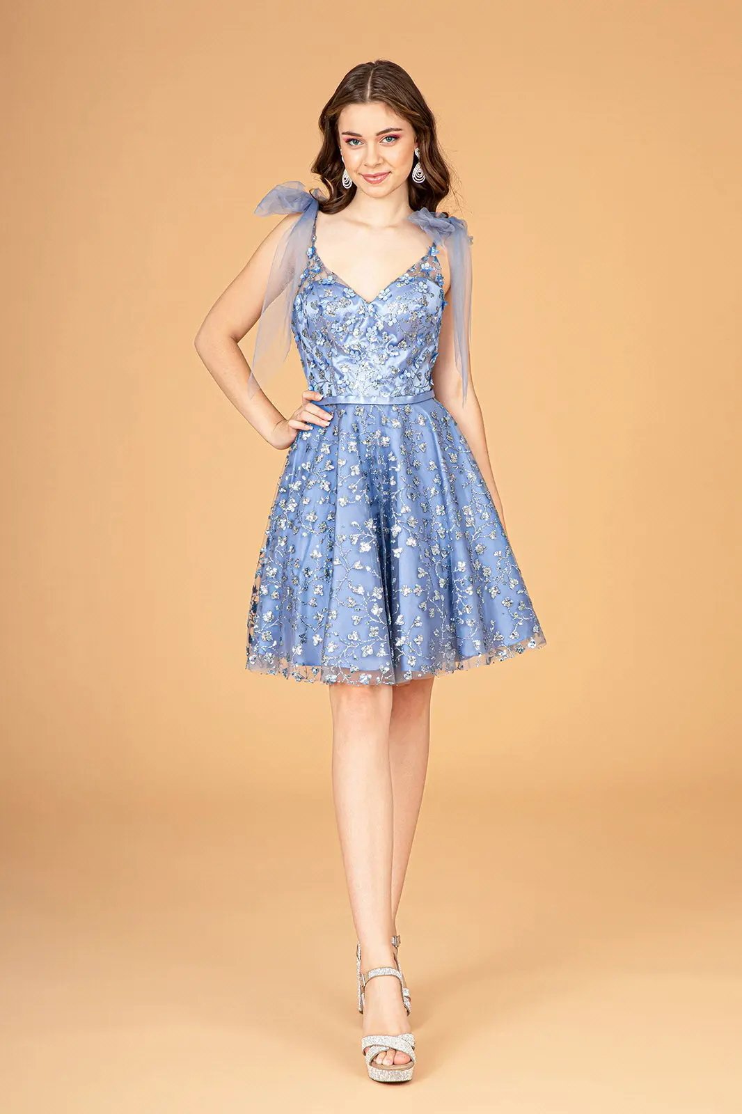 Glitter Mesh Babydoll Short Dress w/ Ribbon Attachment on Shoulder by Tux-USA