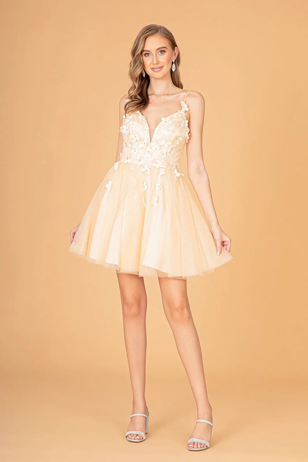 Mesh Babydoll Short Dress with 3-D Appliques and Corset Back by Tux-USA
