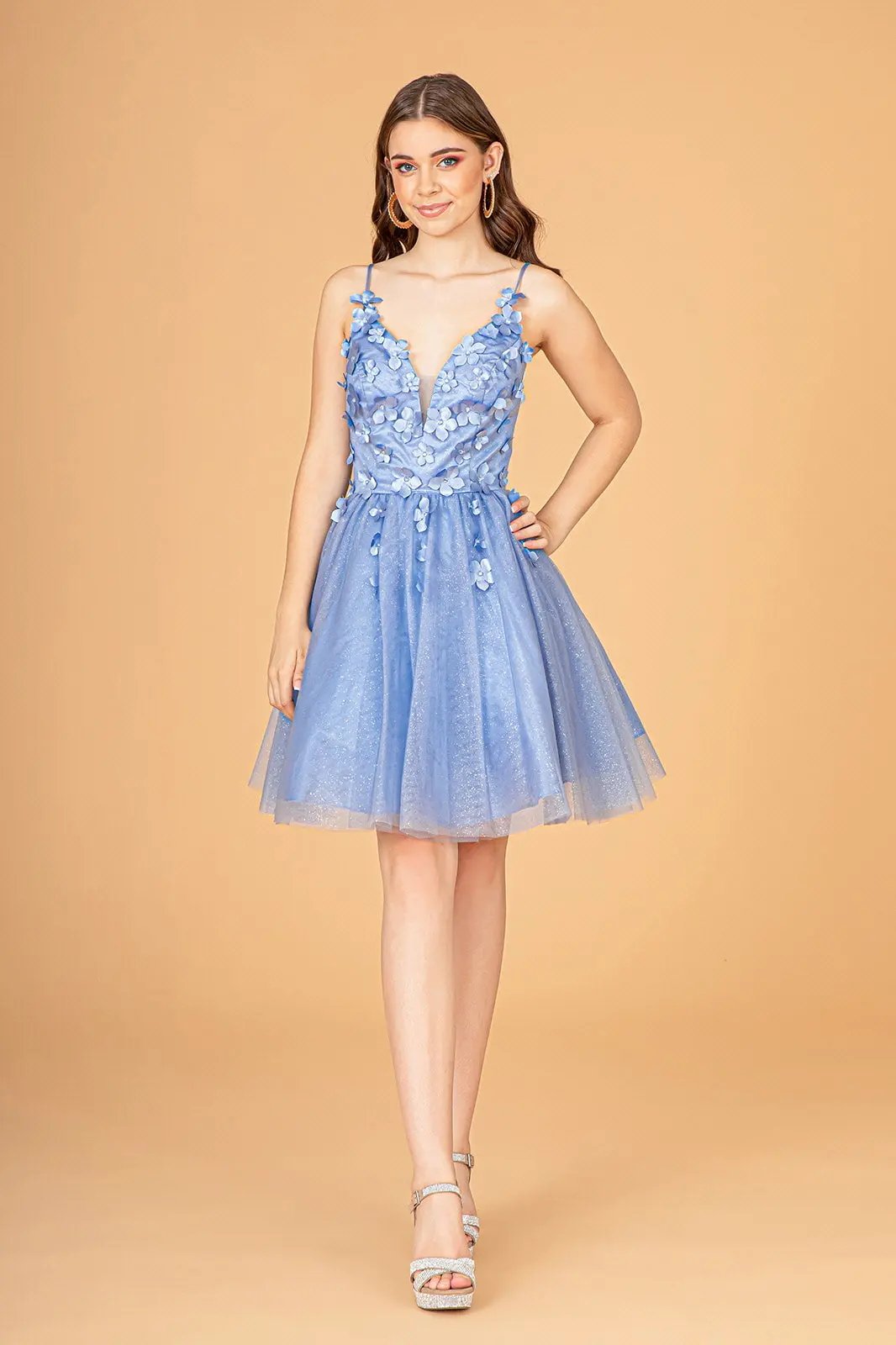 Mesh Babydoll Short Dress with 3-D Appliques and Corset Back by Tux-USA