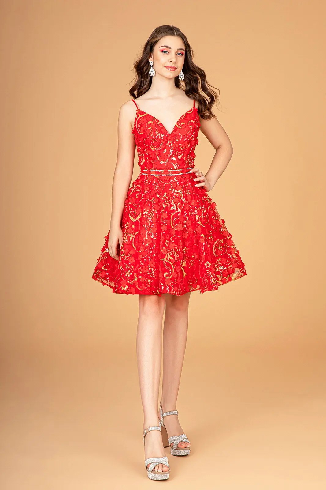 Mock Two-Piece Babydoll Short Dress w/ 3-D Flower Appliques by Tux-USA