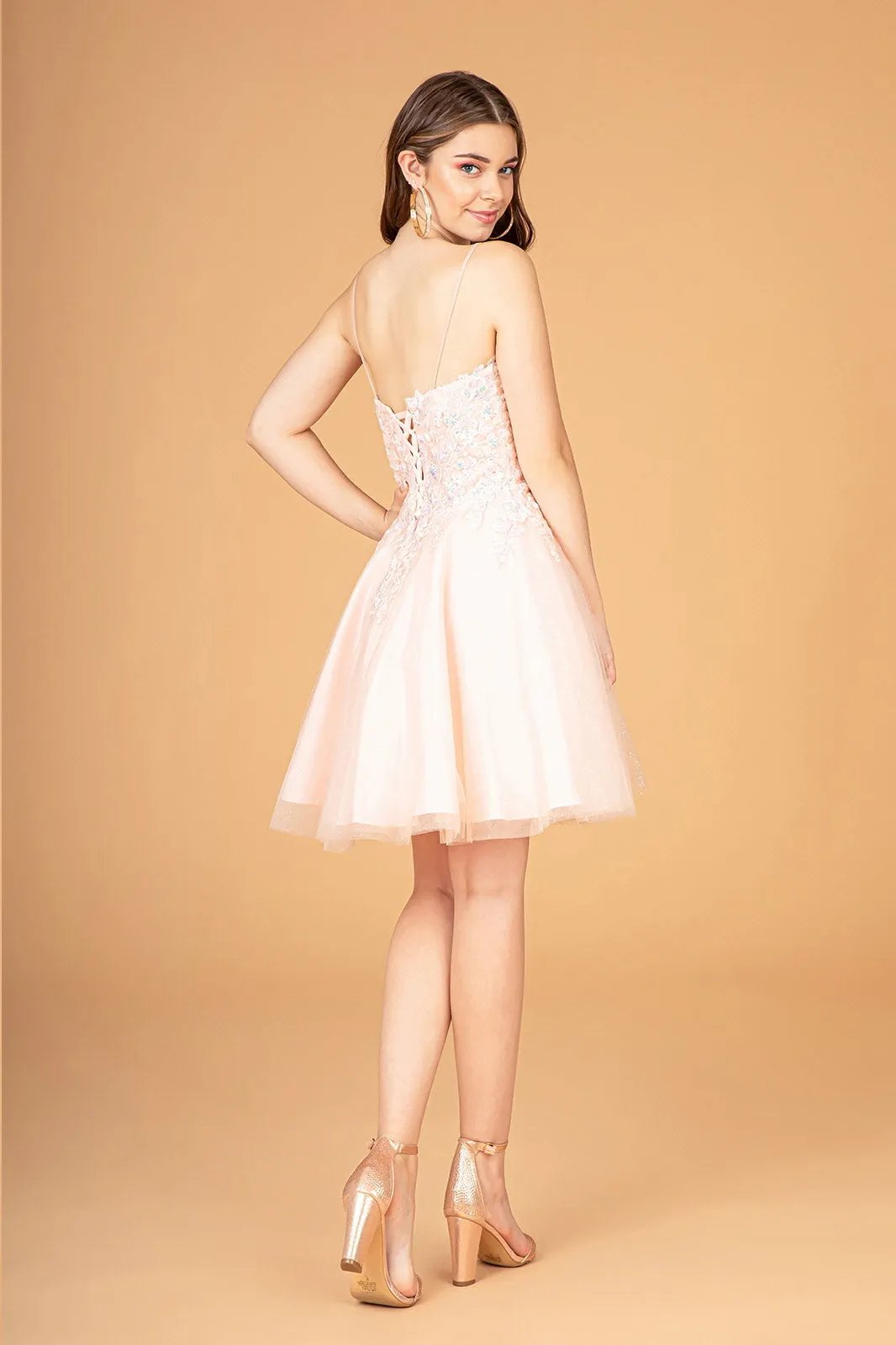 3-D Flower Jewel Mesh Short Babydoll Dress w/ Corset Back by Tux-USA