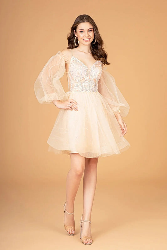 Sheer Bodice Glitter Short Dress w/ Detachable Mesh Long Sleeves by Tux-USA