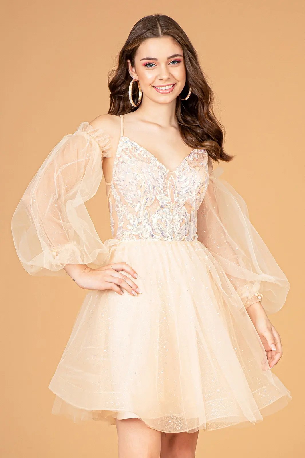 Sheer Bodice Glitter Short Dress w/ Detachable Mesh Long Sleeves by Tux-USA