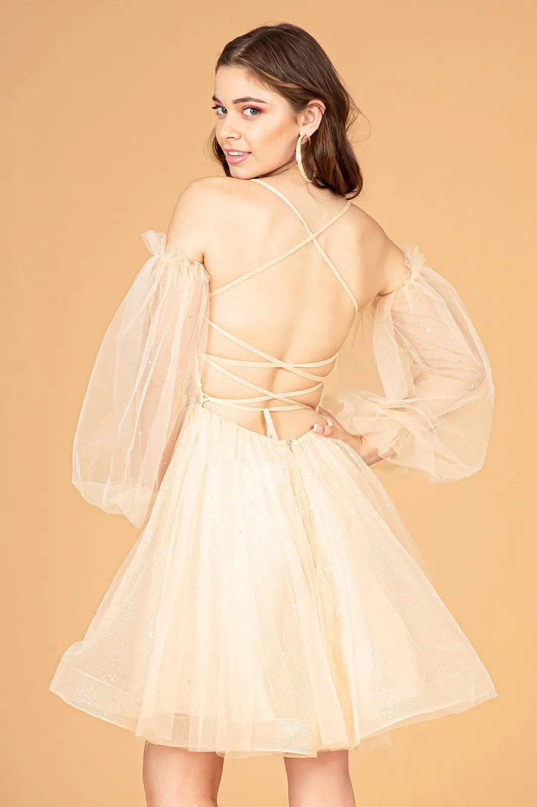 Sheer Bodice Glitter Short Dress w/ Detachable Mesh Long Sleeves by Tux-USA