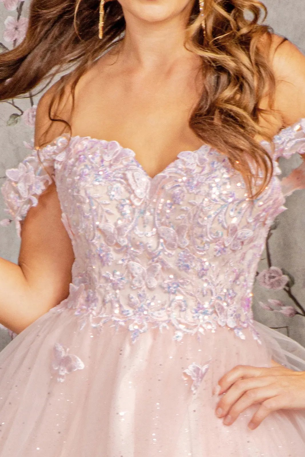 Butterfly Applique Sequin Mesh Babydoll Dress w/ Sheer Straps by Tux-USA