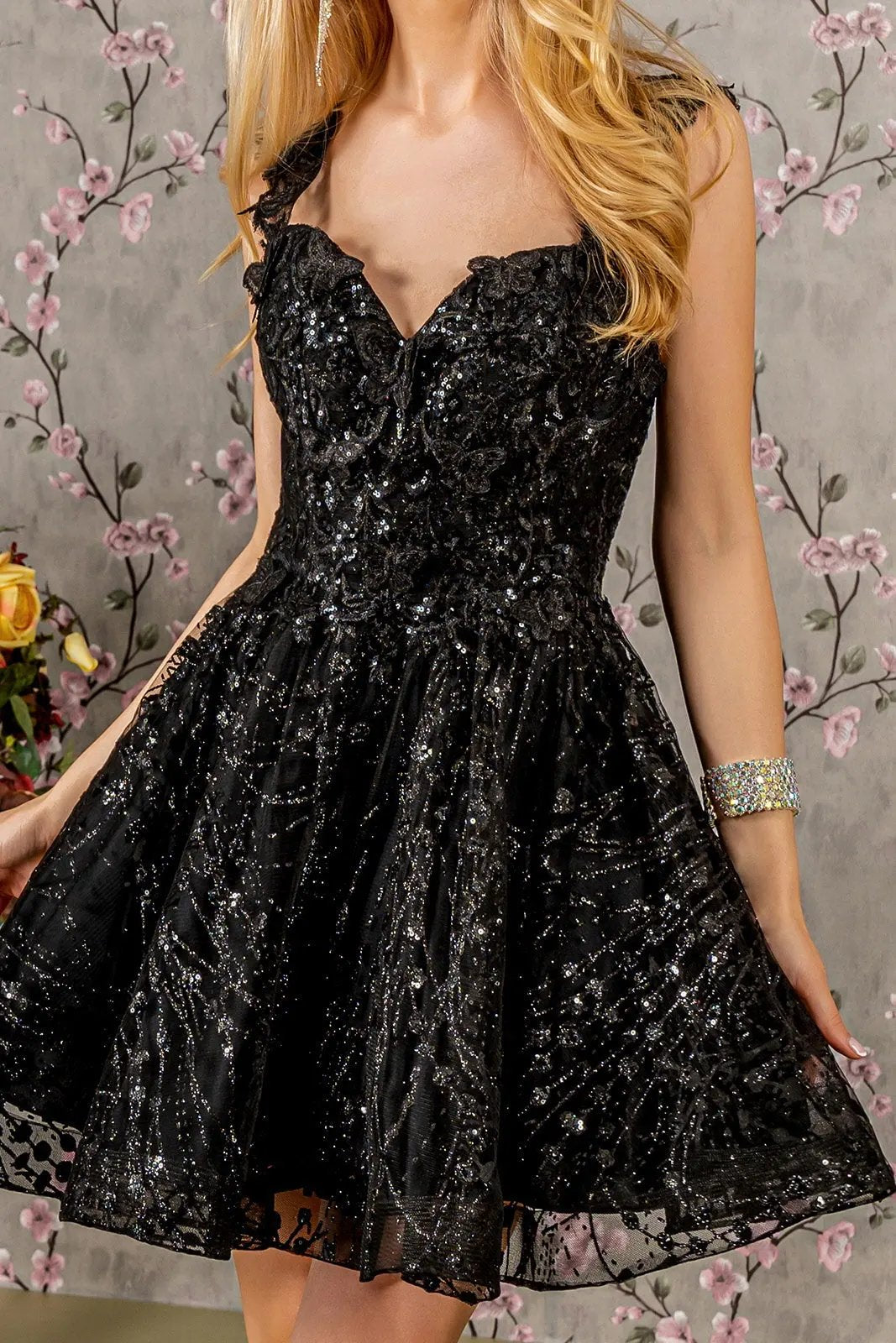 3-D Butterfly Embroidery Sequin Sweetheart Mesh Babydoll Dress by Tux-USA