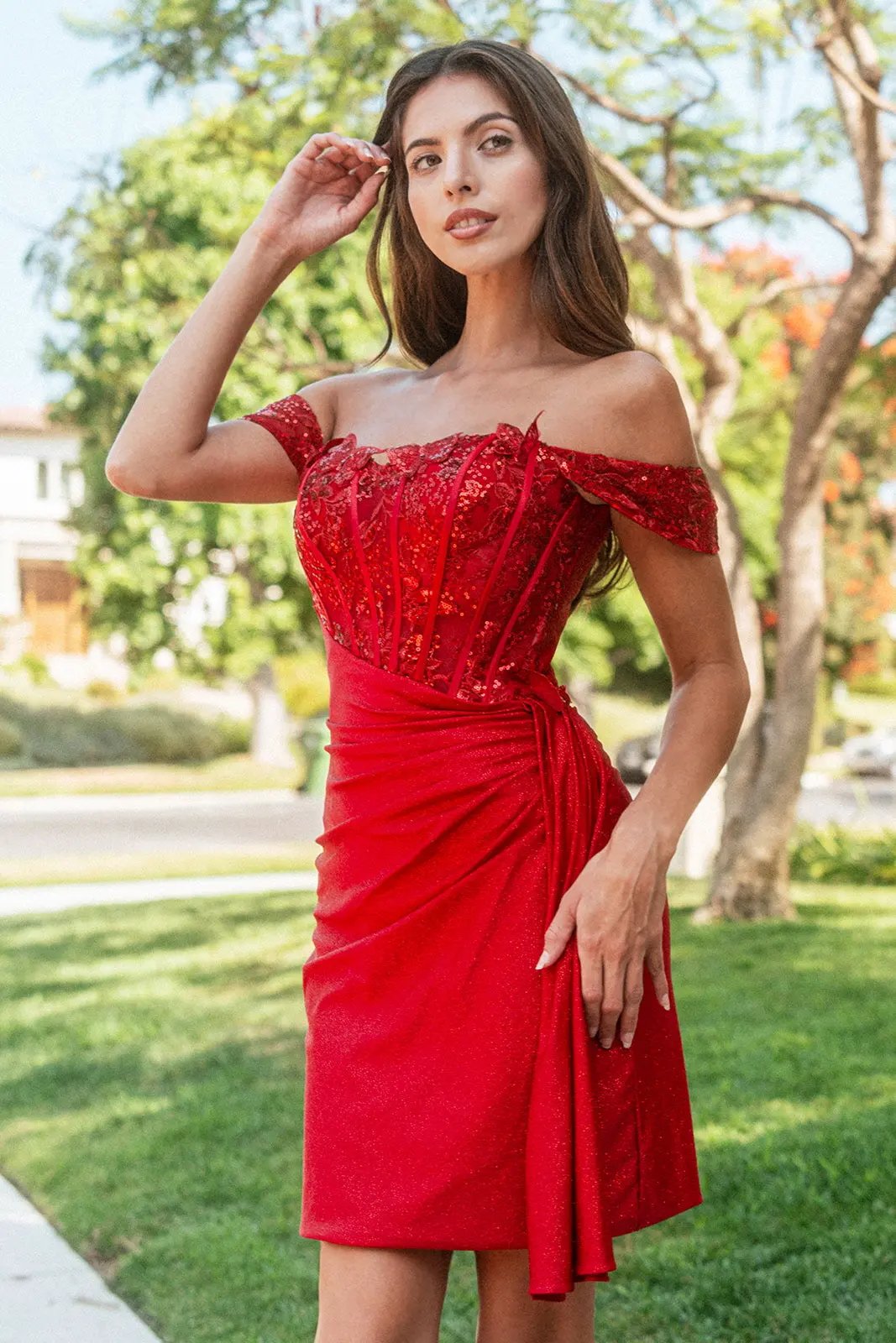 Glitter Jersey Sweetheart Neckline Bodycon Homecoming Dress w/ Cut-Away Shoulder by Tux-USA