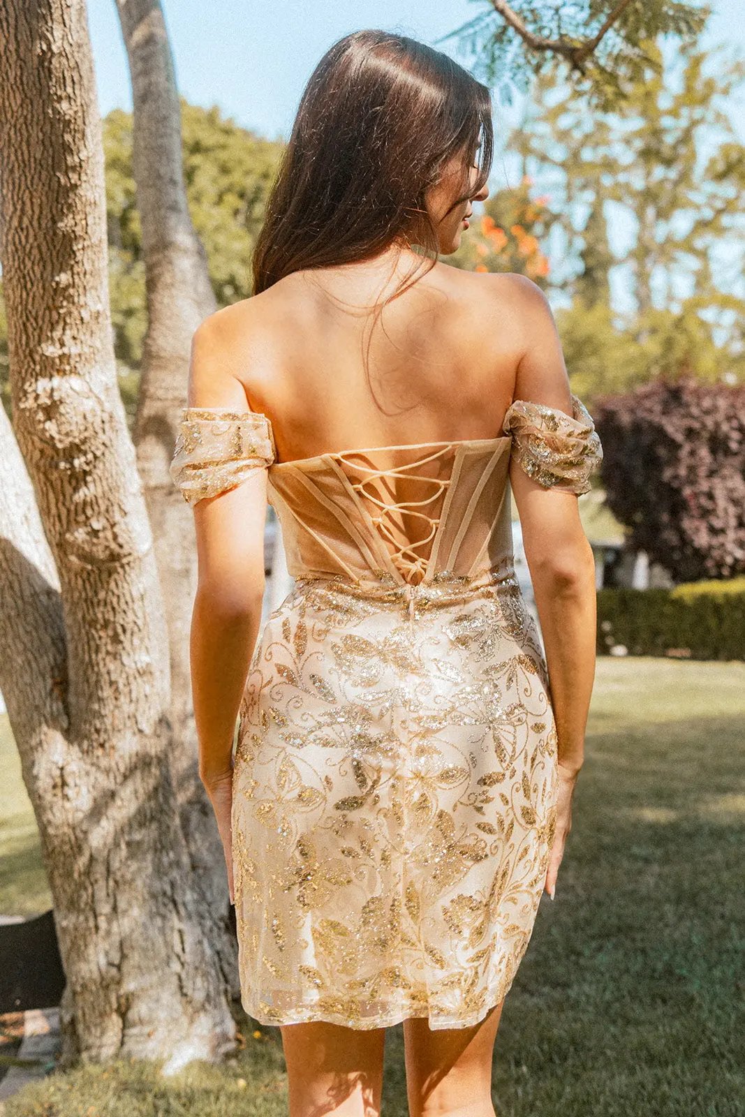 Glitter Pattern Mesh Sheer Bodice Homecoming Bodycon Dress w/ Lace-Up Back by Tux-USA