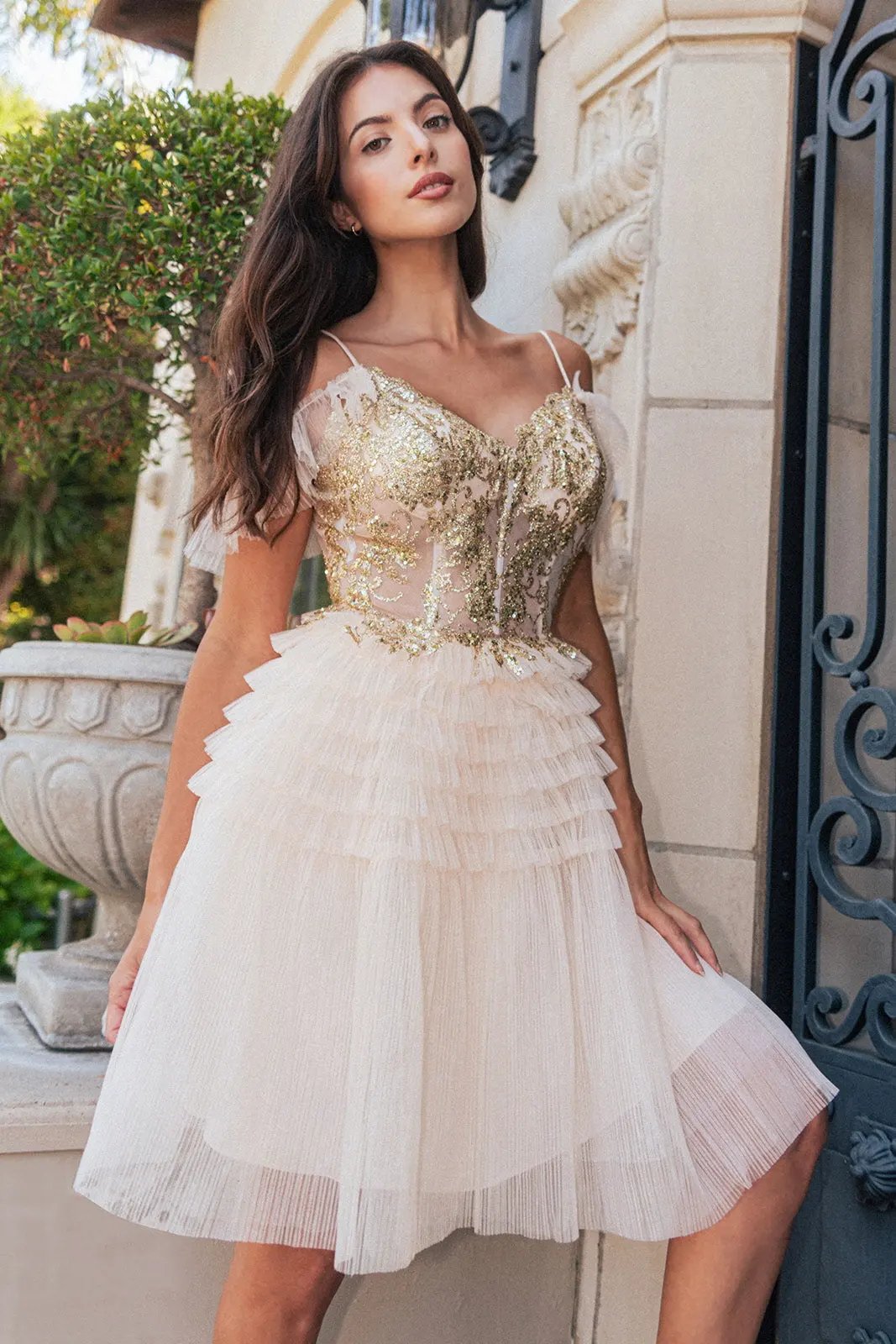 Pleated Mesh Skirt Sheer Bodice Glitter Pattern Embellished Homecoming Dress w/ Lace-Up Back by Tux-USA