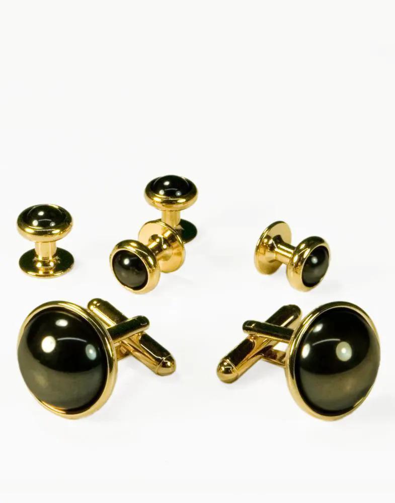 Hematite Dome with Gold or Silver Trim Studs and Cufflinks Set by Tux-USA