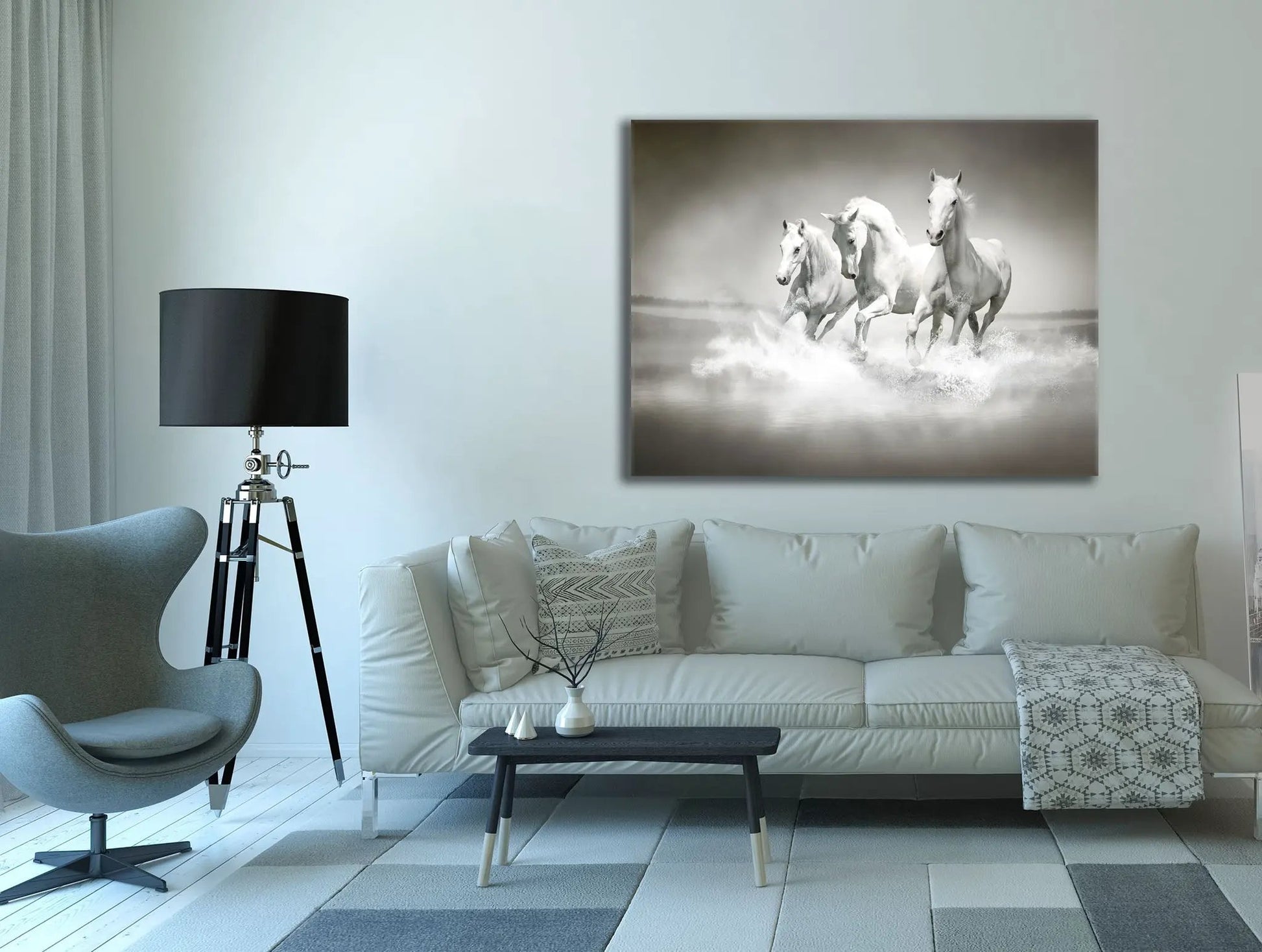 Black and White Stallions - Animal Print Canvas-Fine Art by Gtaart.ca