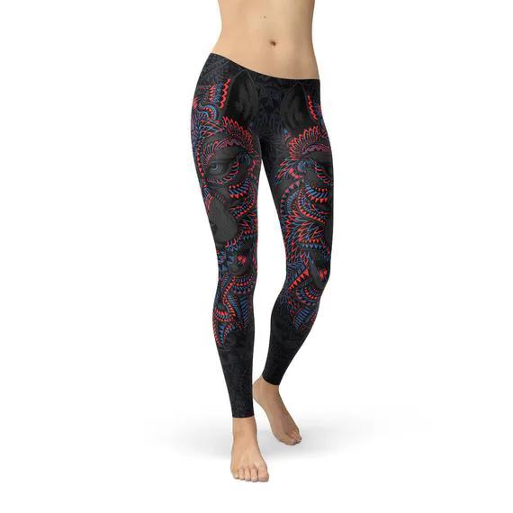 Womens Oriental Black Wolf Leggings by Maroon Sooty