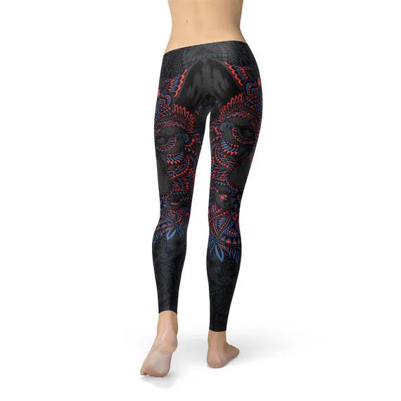 Womens Oriental Black Wolf Leggings by Maroon Sooty