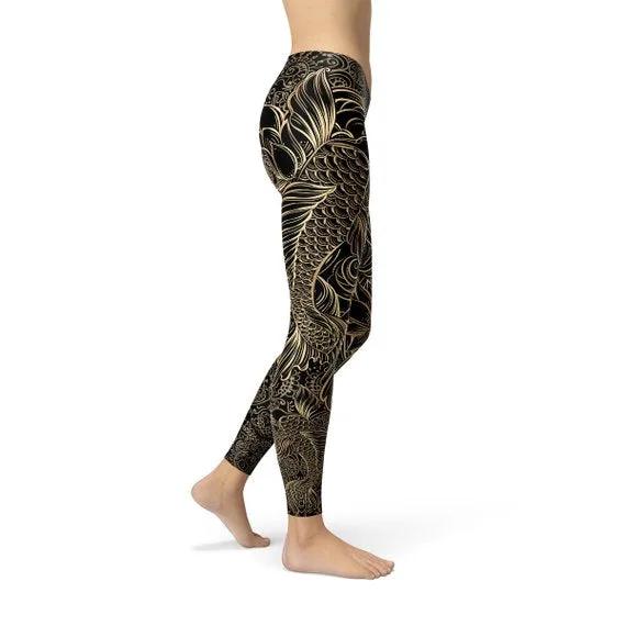 Womens Koi Fish Black Leggings by Maroon Sooty