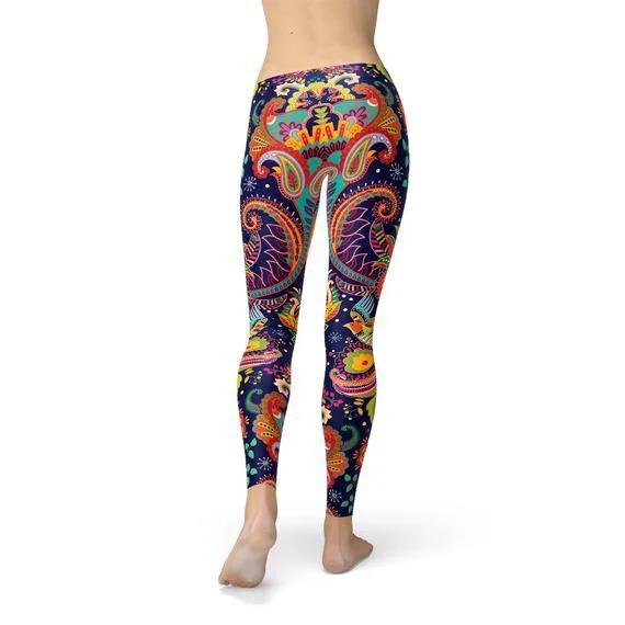 Womens Ornamental Blue Paisley Leggings by Maroon Sooty