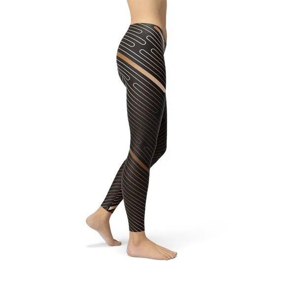 Women’s Brown Striped Sports Leggings High Waisted Workout Yoga Pants by Inland Leather