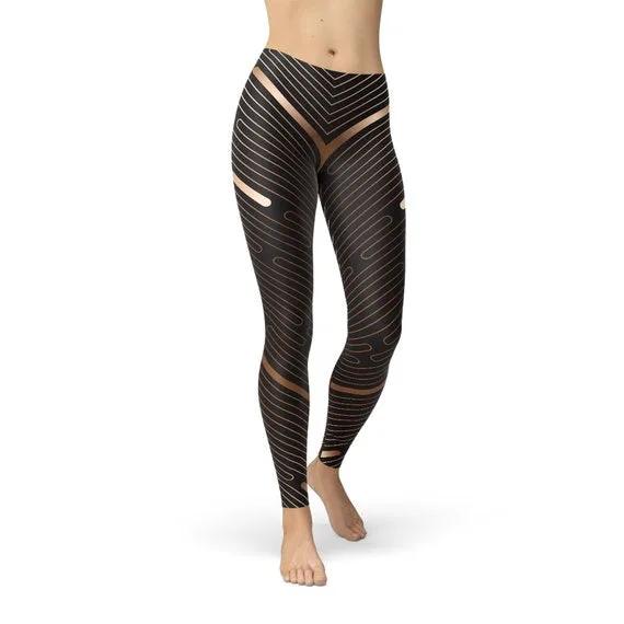 Women’s Brown Striped Sports Leggings High Waisted Workout Yoga Pants by Inland Leather