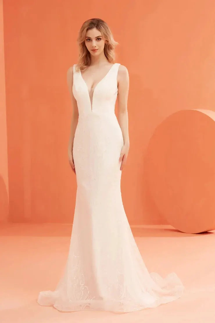 Tux-USA Luxurious Denim V-Neck Dress for Women Champagne Ivory Silhouette by Tux-USA
