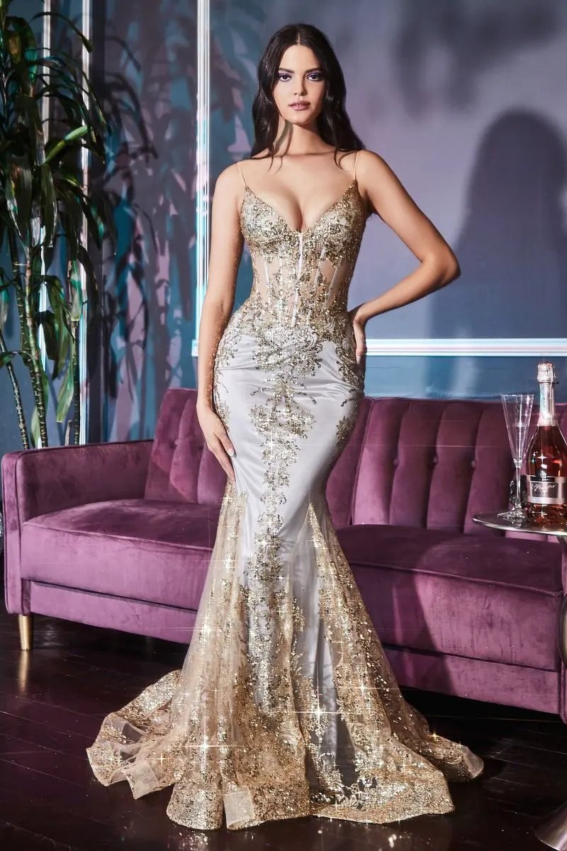 Fitted Floral Glitter Print Corset Gown by Tux-USA