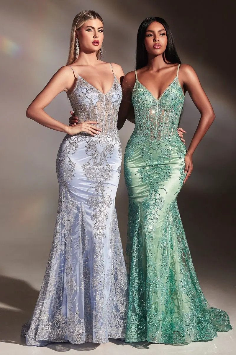 Fitted Floral Glitter Print Corset Gown by Tux-USA