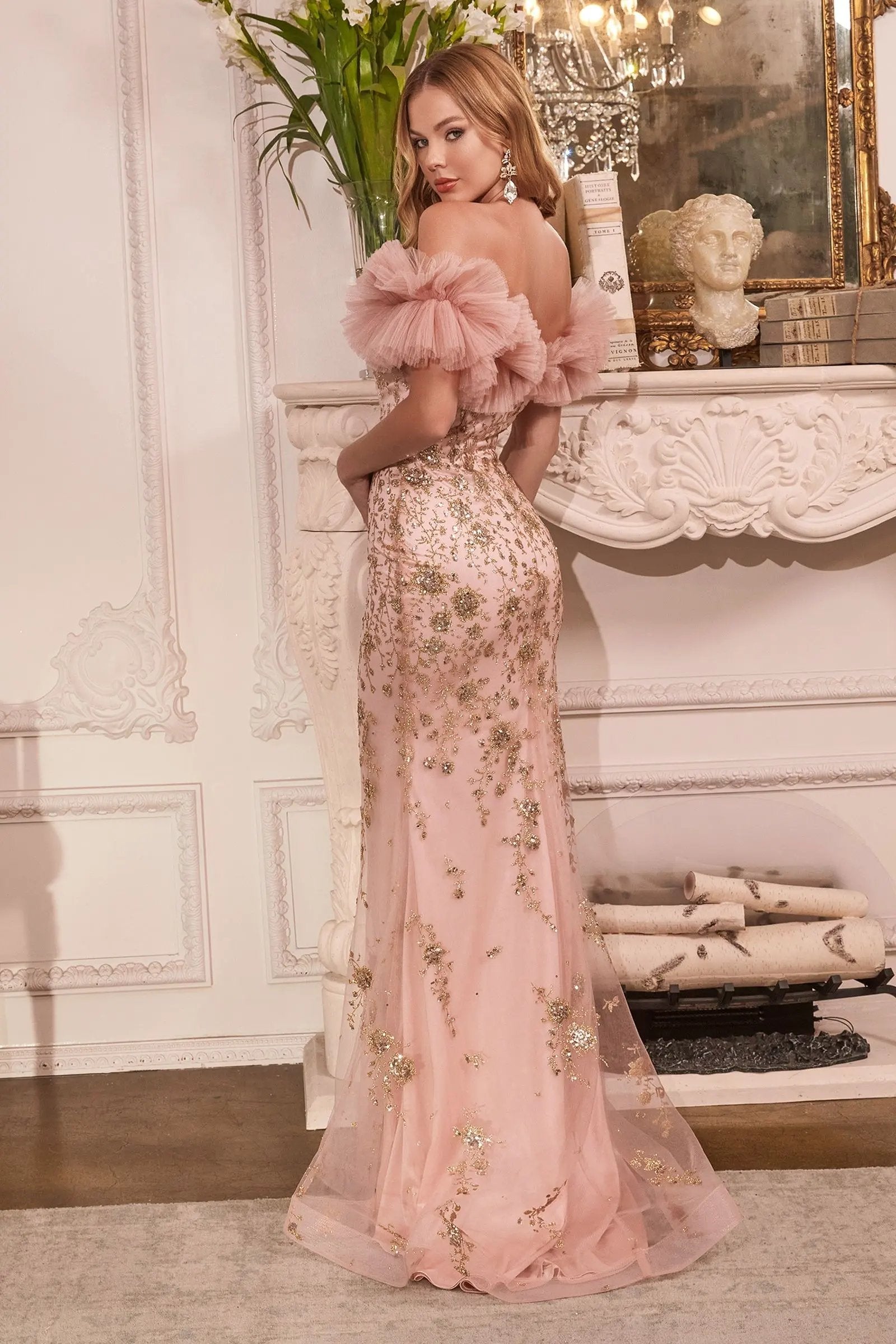 Gathered Tulle Off The Shoulder Fitted Gown by Tux-USA