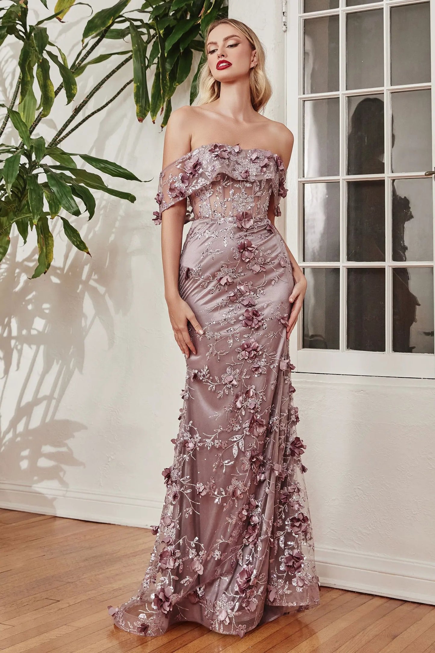 Floral Print Fitted Off The Shoulder Gown by Tux-USA