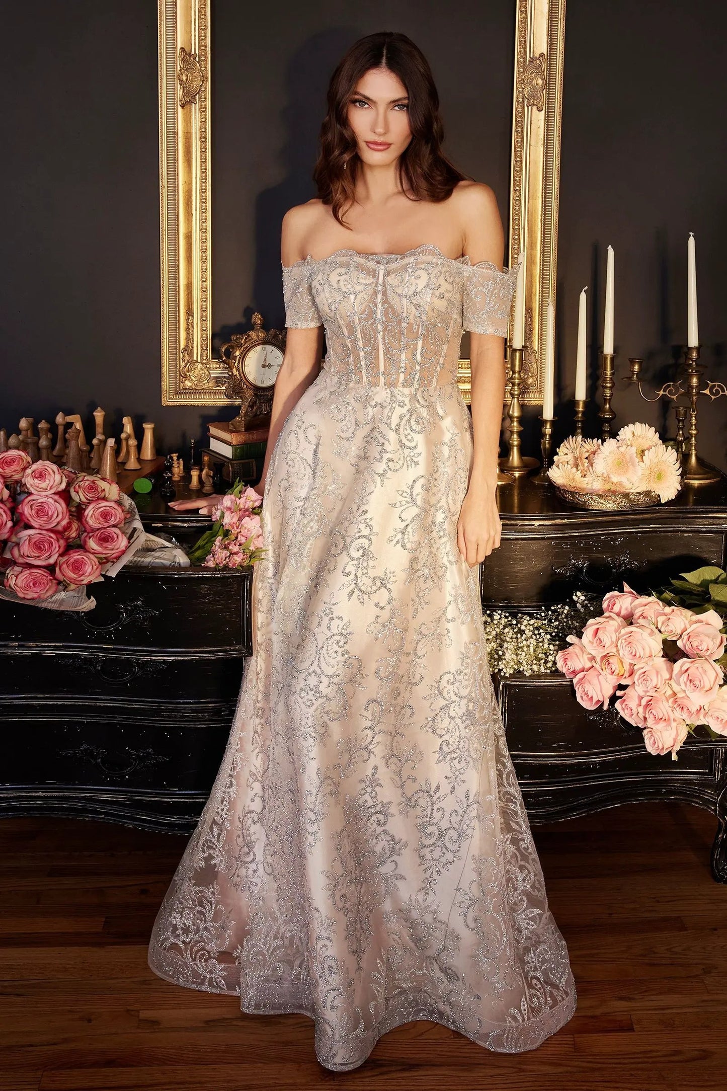 Off The Shoulder Glitter Print A-Line Gown by Tux-USA