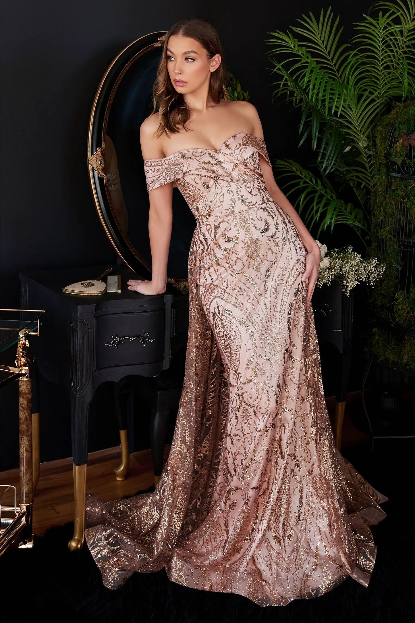 Off The Shoulder Lace Gown With Over Skirt by Partner Label