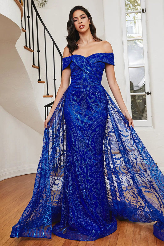 Off The Shoulder Lace Gown With Over Skirt by Partner Label