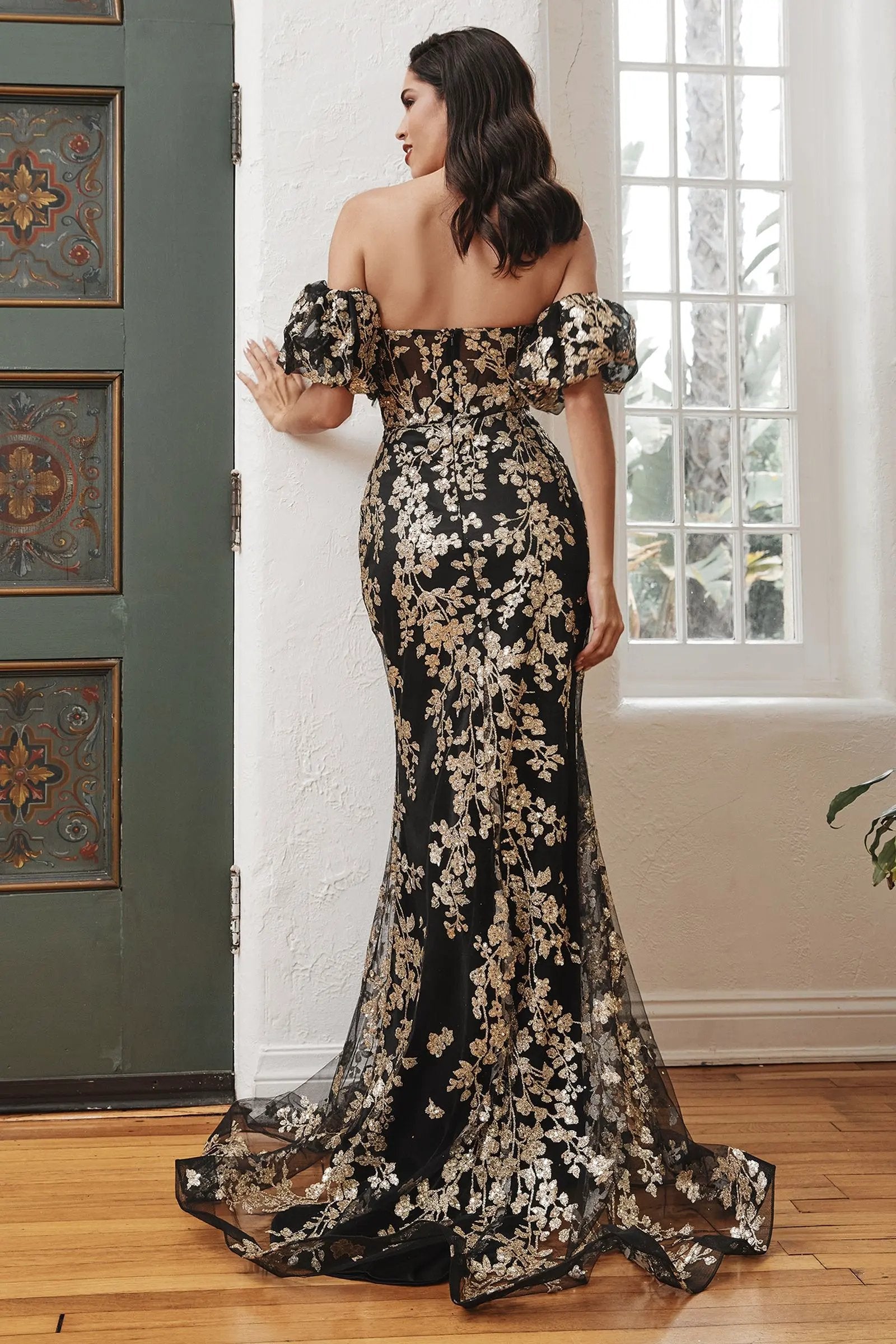 Strapless Glitter Floral Print Gown With Detachable Puff Sleeves by Tux-USA
