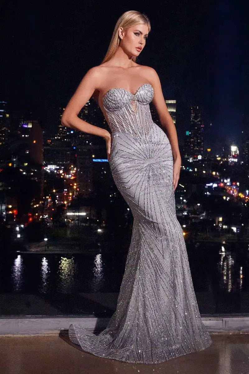 Strapless Silver Embellished Gown by Tux-USA