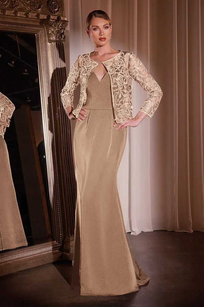 Plus Size Fit and Flare Crepe Evening Gown with Crystal Floral Jacket by Tux-USA