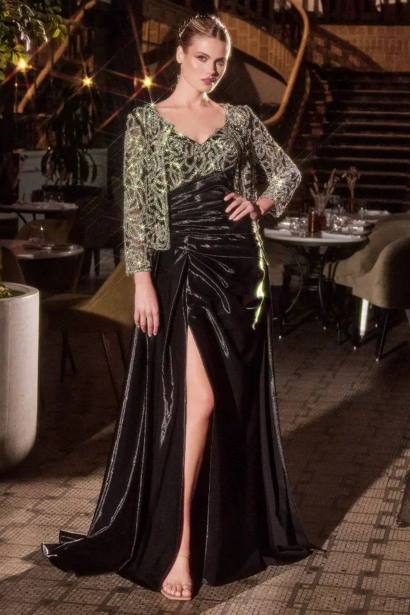 Fit and Flare Taffeta Evening Gown with Crystal Floral Jacket by Tux-USA