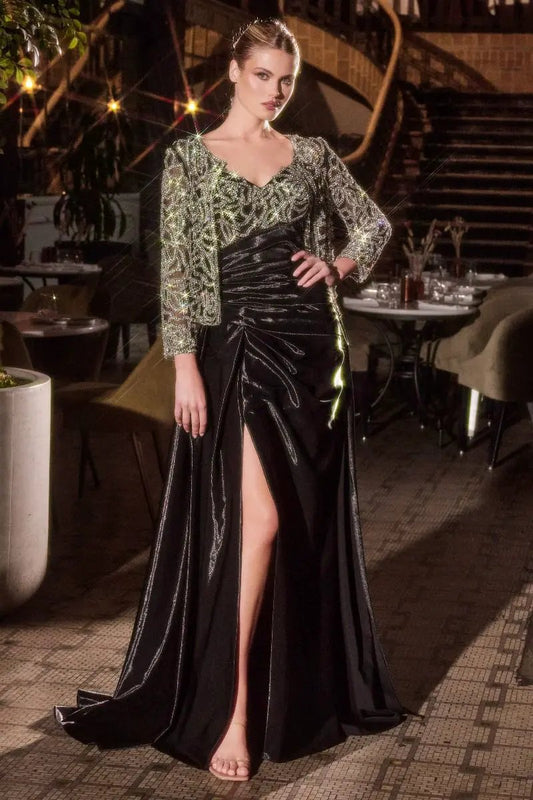 Fit and Flare Taffeta Evening Gown with Crystal Floral Jacket by Tux-USA