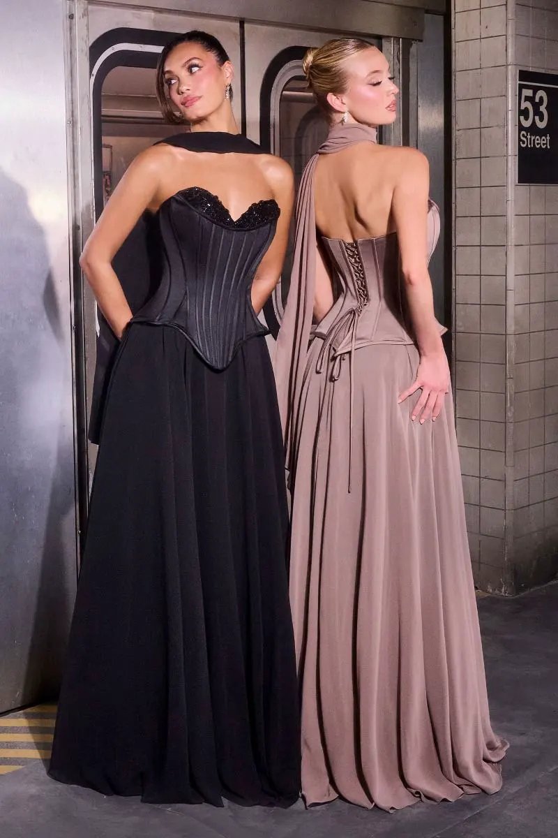 Corset Gown Sweetheart Neckline Chiffon Draped Skirt Lace-Up Back Scarf Detail by Partner Label