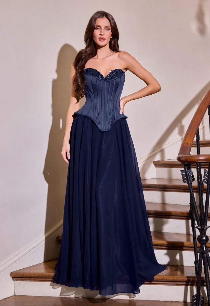 Corset Gown Sweetheart Neckline Chiffon Draped Skirt Lace-Up Back Scarf Detail by Partner Label