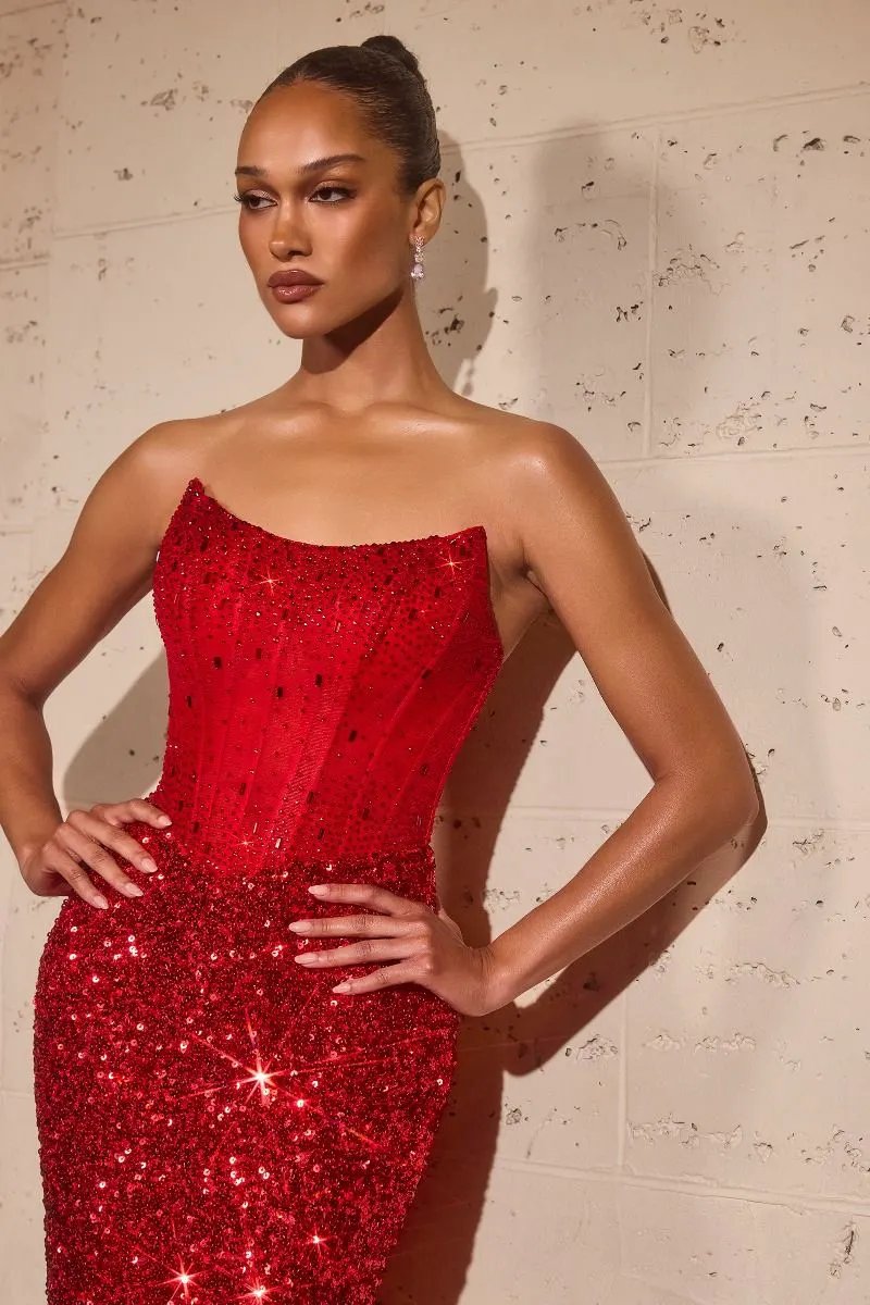 Sequin Corset Gown Straight Neckline Fitted Silhouette Floor-Length Hem by Tux-USA