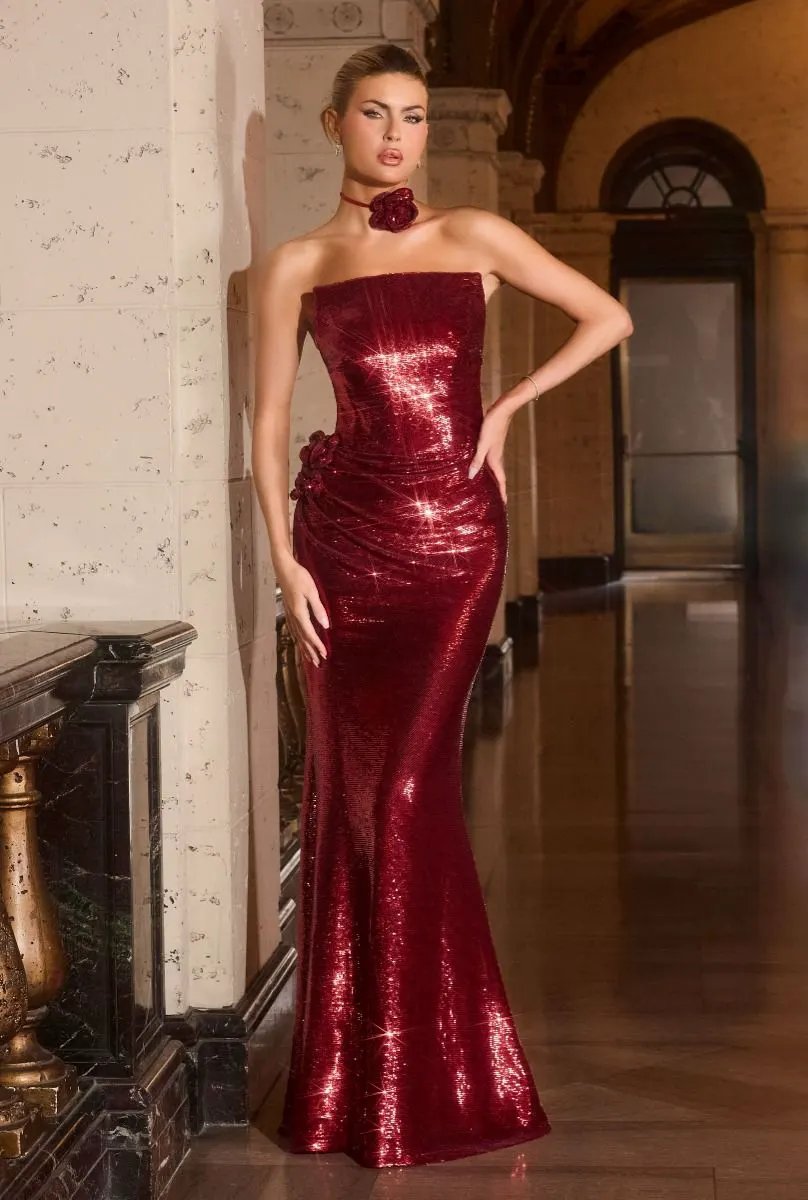 Strapless Fitted Dress Sequin Bodice Illusion Side Panels Draped Skirt Floral Appliqué Choker by Tux-USA