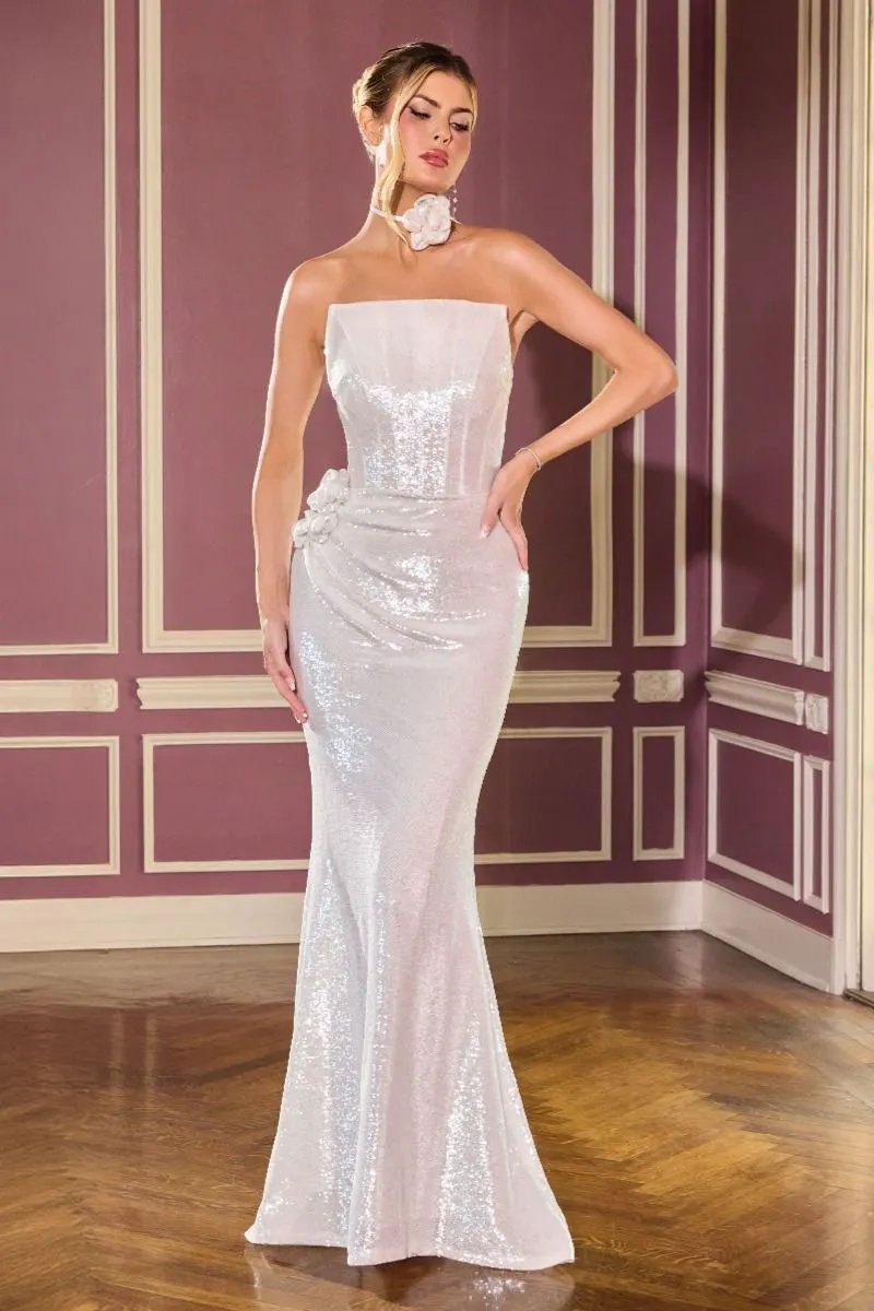 Strapless Fitted Dress Sequin Bodice Illusion Side Panels Draped Skirt Floral Appliqué Choker by Tux-USA