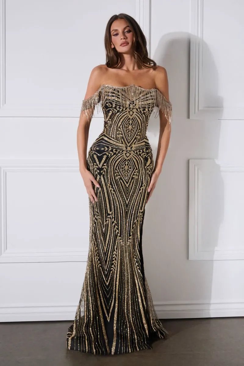 Off-Shoulder Beaded Gown with Crystal Fringe and Corset Back by Tux-USA