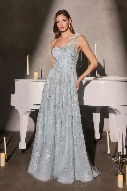 A-Line Gown the One-Shoulder Neckline Three-Dimensional Floral Appliqué by Tux-USA