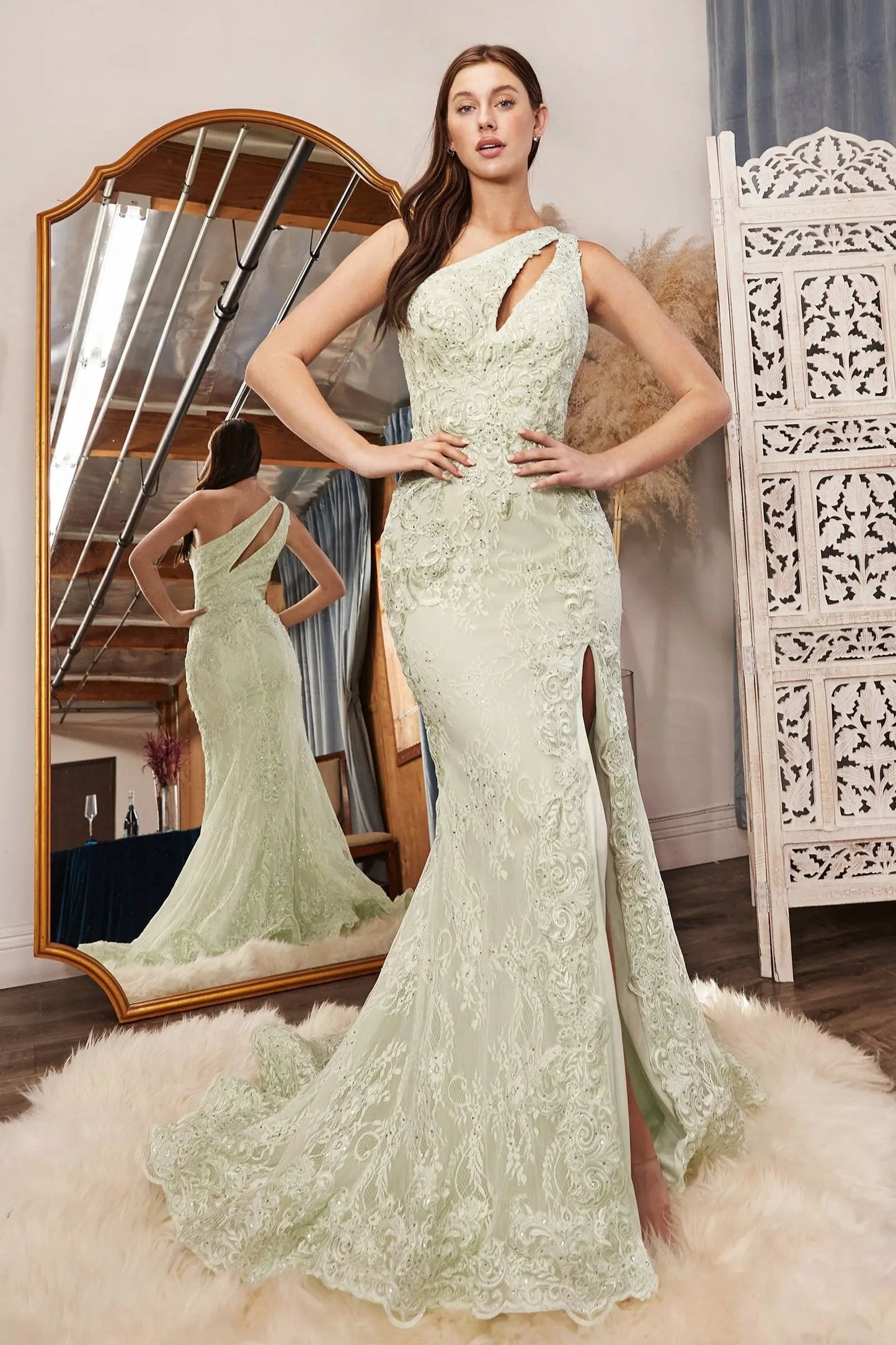 One Shoulder Lace Fitted Gown by Tux-USA